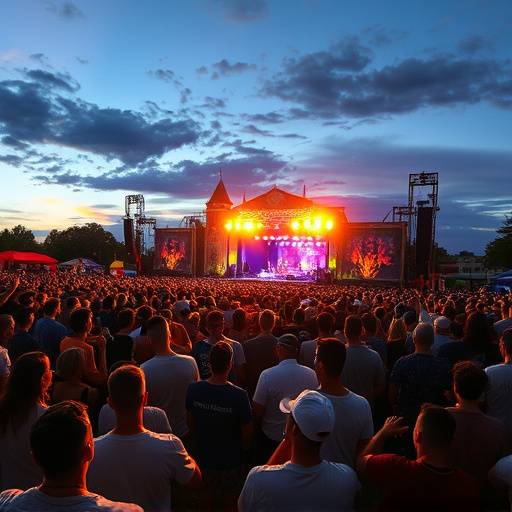 Foule participant à un festival de musique en plein air avec une scène illuminée