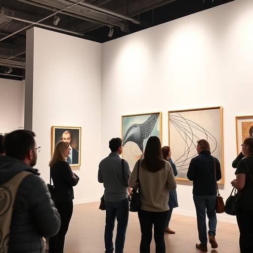 Visiteurs regardant des œuvres d'art à une exposition d'art moderne